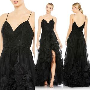 Mac Duggal Black Floral Appliqué Beaded Embroidered High-Low Gown Size 14